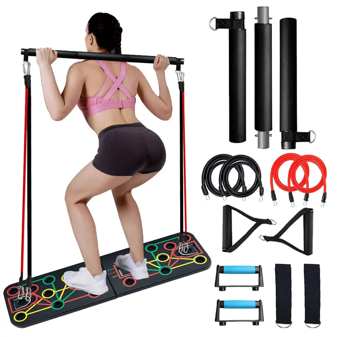 Foldable 160lbs Rubber Bands Deep Squat Bar ABS Push Up Stands Board Frames Rack Chest Arm Home Gym Muscle Strength Exercise